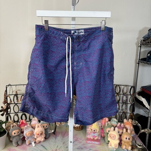 TRUNKS Men's Blue Swim Shorts size medium Velcro fly spiral print - Picture 5 of 8